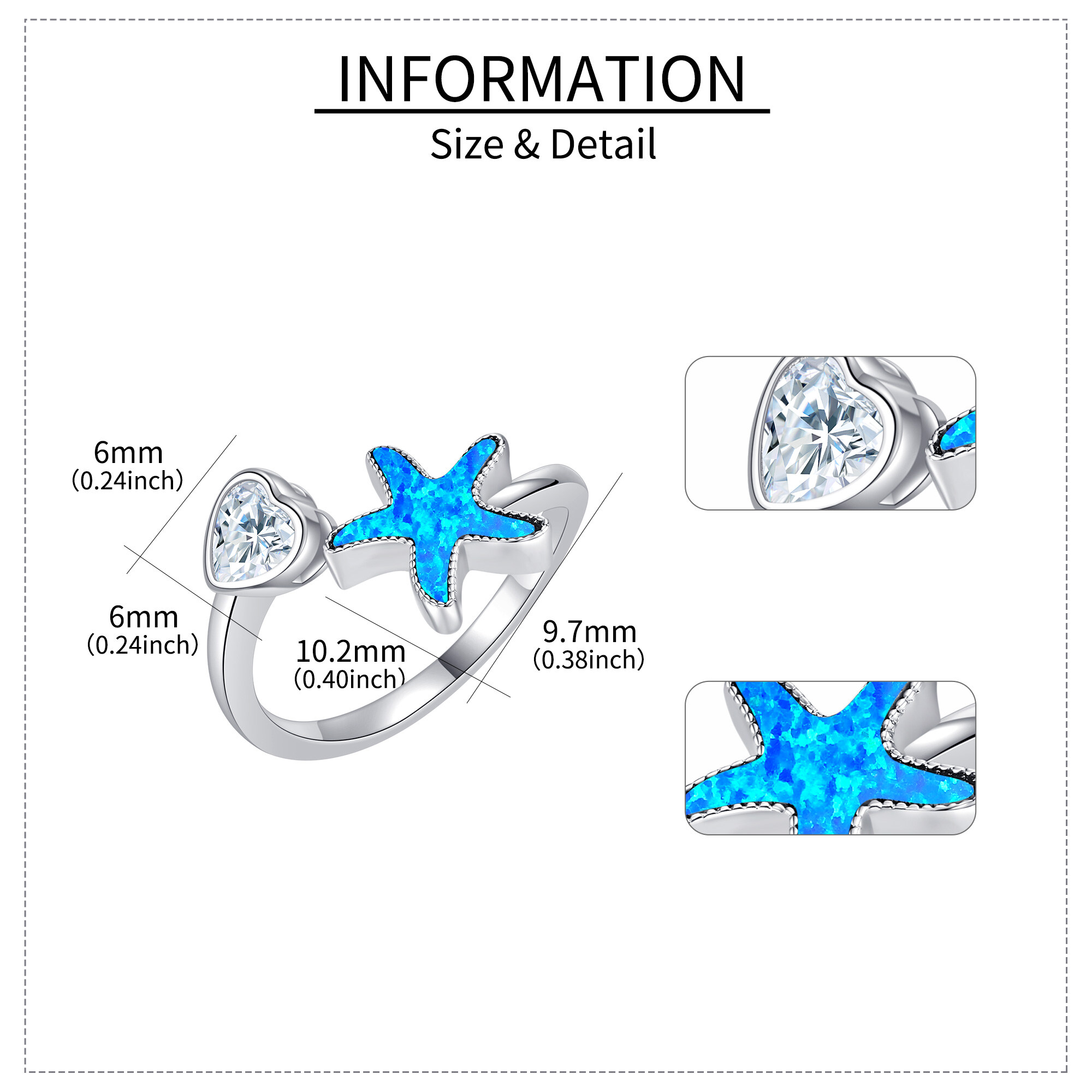 Starfish Ring Sterling Silver Opal Ocean Starfish Jewelry